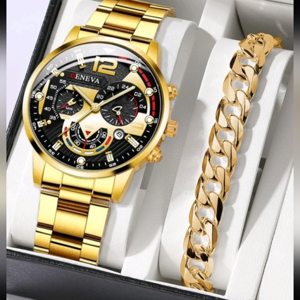 NEW MENS QUARTZ LARGE  FACED TRIPLE DIAL GOLD WATCH AND BRACELET SET